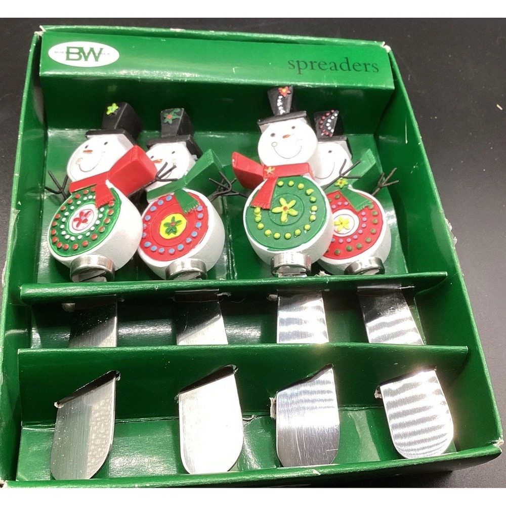 Vintage Christmas Snowman Cheese Knife Spreaders Stainless Steel‎ Set of 4 NIB